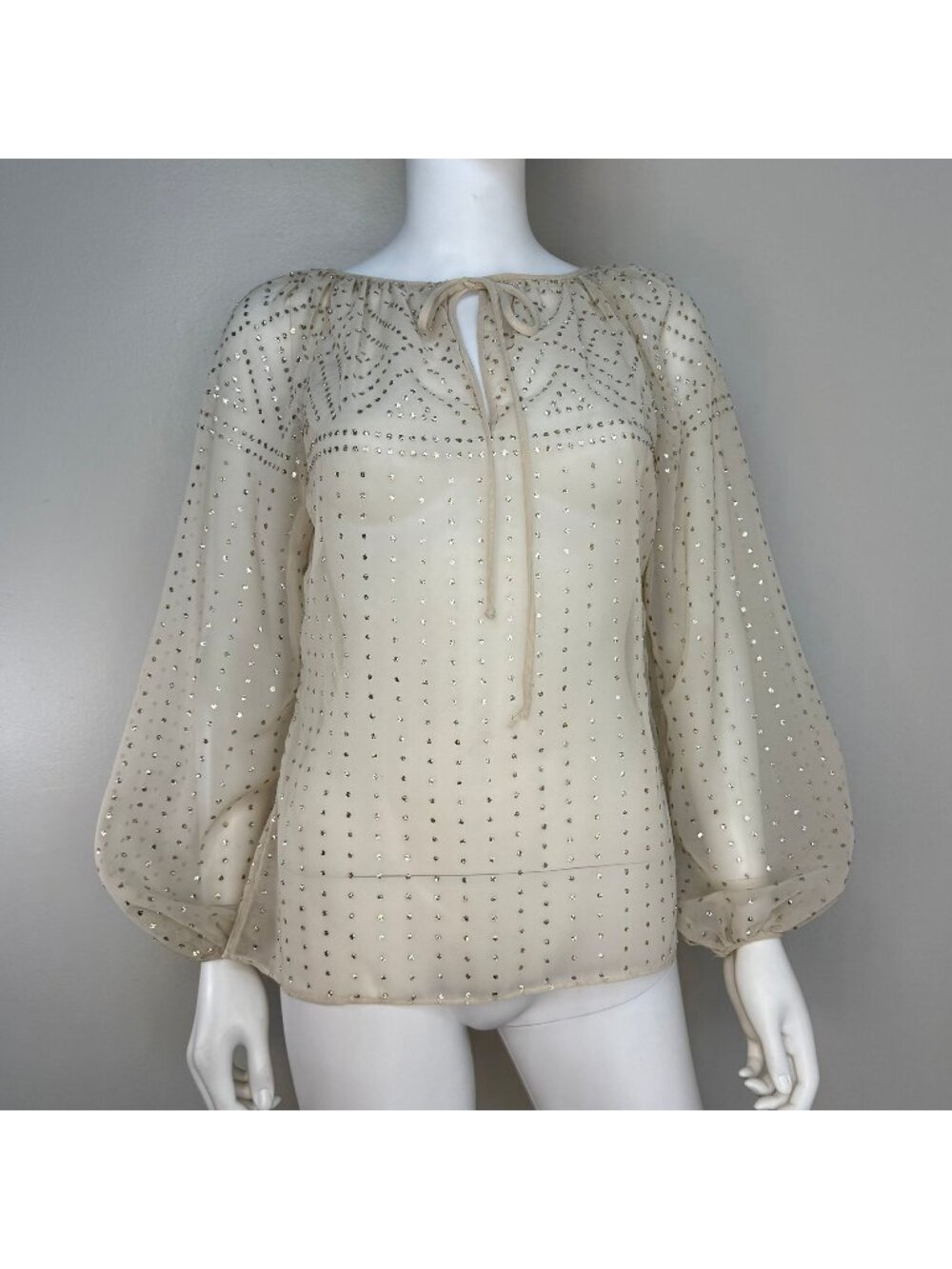 Vintage 1970s Sheer Cream Blouse, Glitter Polkadots, Anthony Muto AM/PM, Small